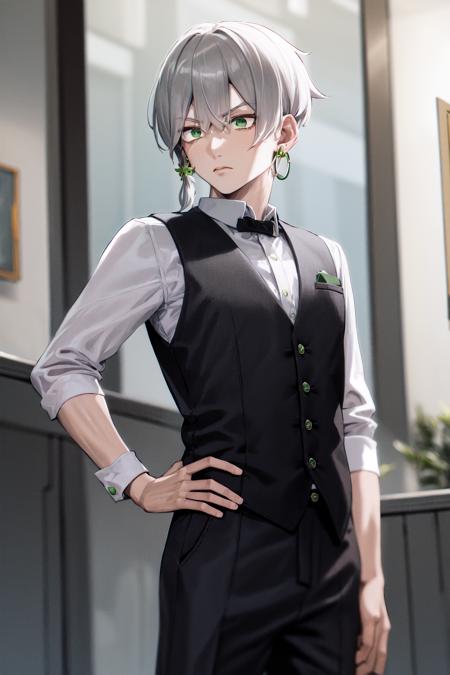 masterpiece, best quality, highres, 1boy grey hair green eyes earrings <lora:jodio_no_outfit:1> black vest white shirt, hand on hip