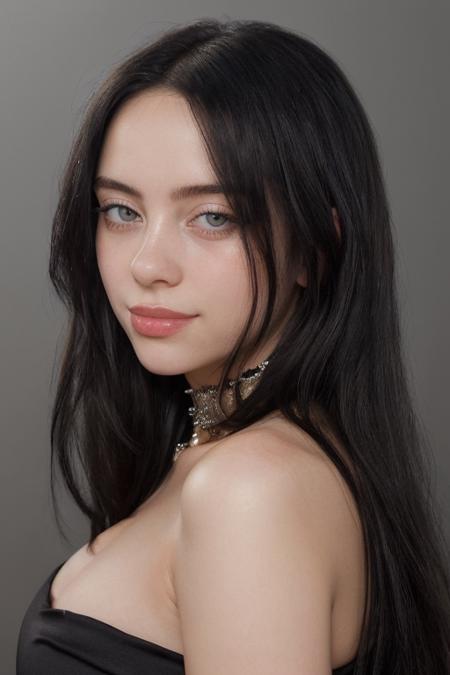 1girl, raw photo, realistic lighting, sharp focus on subject, close up, beautiful (billie), smile, long hair, black hair, detailed face, glossy lips, detailed eyes, realistic skin texture, black dress, skin tight dress, dark background, large breasts,  <lora:BillieEilishDogu:1>
