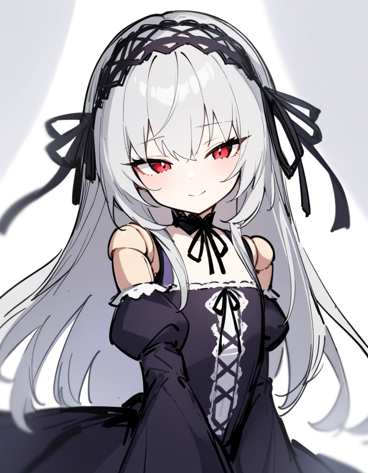 1girl, solo, suigintou, rozen maiden, sketch,
long hair, silver hair, red eyes, flat chest, doll joints, seductive smile, ...