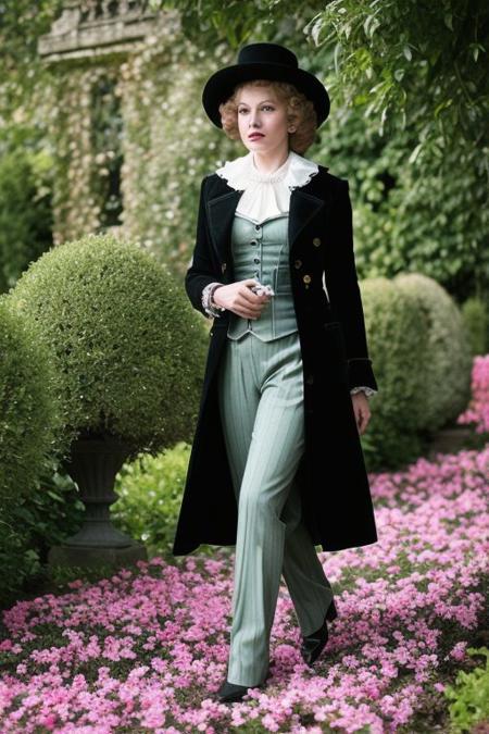 EasyNegativeV2: Vintage film's still, featuring a nobleman dressed in dashing Regency fashion, strolling through the manicured gardens of a sprawling British manor house, his tailored coat billowing behind him in the gentle breeze, the vibrant colors of the flowers in full bloom adding a touch of romance to the scene.