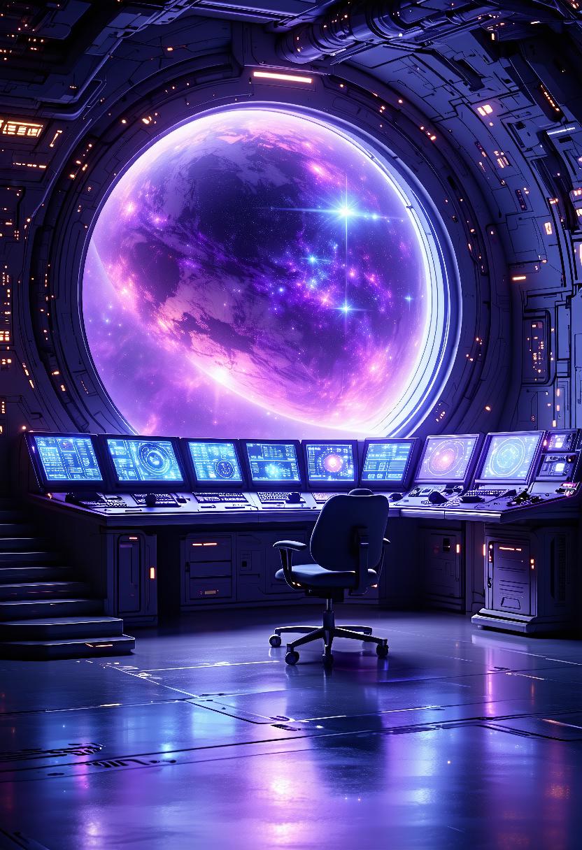 a highly detailed digital illustration depicting the interior of a futuristic spacecraft, the central control room is dominated by a large, circular window in the center, through which a vibrant blue and purple starry night sky is visible, the window frames the entire scene, creating a sense of depth and mystery, surrounding the window, the room is dimly lit with a gradient of purple and blue hues, enhancing the futuristic and sci-fi aesthetic, the control panel is cluttered with multiple screens displaying various scientific data, and various buttons and knobs for adjusting the settings, the seats are upholstered in a deep, plush purple fabric, and the floor is made of a smooth, glossy material, the overall color palette is rich and vivid, with a mix of blues, purples, and pinks dominating the space, the illustration style is realistic with a slight emphasis on hyperrealism, capturing the intricate details of the spacecraft's design and the interplay of light and shadow