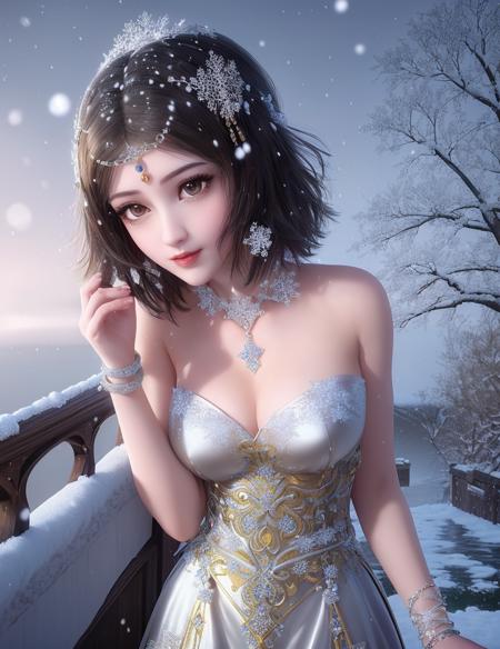 ultra realistic 8k cg, flawless, clean, masterpiece, professional artwork, famous artwork, cinematic lighting, cinematic bloom, perfect face, beautiful face, fantasy, dreamlike, unreal, science fiction,   lace, lace trim, lace-trimmed legwear, luxury, jewelry, diamond, gold, pearl, gem, sapphire, ruby, emerald, intricate detail, delicate pattern, charming, alluring, seductive, erotic, enchanting, hair ornament, necklace, earrings, bracelet, armlet,halo,autumn,
((,1girl, pov,best quality, ))  , ((((1girl, solo,outdoors, large breasts,,snowflakes,  snow, snowing,   ))))   
 <lora:DA_BaiCai:0.7>