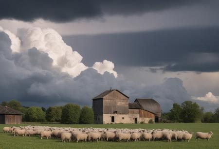 Cumulo-nimbus storm cloud landscape, close-up flocks of grazing sheep, antique wooden farmhouse with antique grain silo, photographie très réaliste