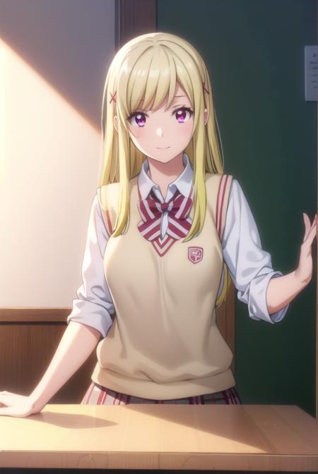 urarashiraishi, <lora:urara shiraishi s1-lora-nochekaiser:1>,
urara shiraishi, long hair, blonde hair, (pink eyes:1.3), hair clip, x hair ornament, smile,
BREAK skirt, bow, school uniform, jacket, plaid, plaid skirt, sweater vest, shirt, white shirt, collared shirt,
BREAK indoors, classroom,
BREAK looking at viewer,
BREAK <lyco:GoodHands-beta2:1>, (masterpiece:1.2), best quality, high resolution, unity 8k wallpaper, (illustration:0.8), (beautiful detailed eyes:1.6), extremely detailed face, perfect lighting, extremely detailed CG, (perfect hands, perfect anatomy),