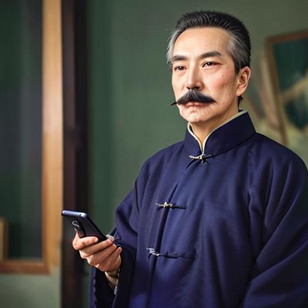 luxun,1man,mustache,old man,black hair,realstic,photo,realstic eyes,8k,masterpiece,standing,chinese,small eyes,cell phone,