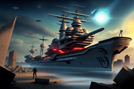 a space pirate battleship among the ruins of an advanced, futuristic city