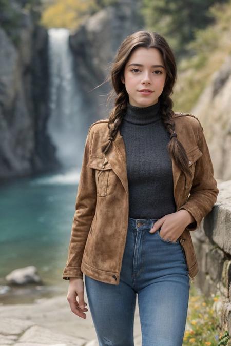 photo of S386_MadalenaAragao,a stunning woman,in a (gorge:1.1),wearing a (suede-jacket:1.1),(jeans),(braid),(4k, RAW photo, best quality, 50mm, depth of field, ultra high res:1.1),(intricate, photorealistic, cinematic-shot, masterpiece, ultra-detailed:1.1),