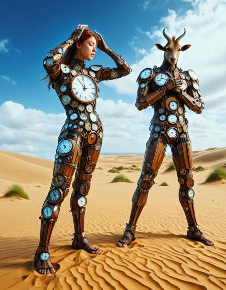 Dreamscape . masterpiece, best quality, amazing quality, very aesthetic, absurdres, highres, high detail, realistic, photorealistic, Medieval Comedy Comic Style, artist:Eita Mizuno, from side, volumetric lighting, 
1man, Centaur, safe, sfw, wearing shadow's clothes made of analog clock, facepalm, detailed hands, perfect hands, Standing with legs apart, arms folded across the chest, Woodworking, in A desolate wasteland with sand dunes and crumbling structures. made of analog clock, indoors, 
, , , <lora:hand 5.5:1>,<lora:Dynamic Poses:1>,<lora:Clock_Style-000009:0.9> . Surreal, ethereal, dreamy, mysterious, fantasy, highly detailed