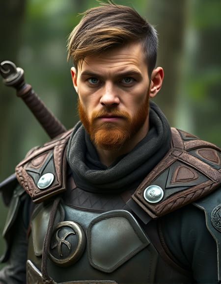 short stocky young man with short trimmed facial hair, warrior with scruffy goatee in dnd ranger armor