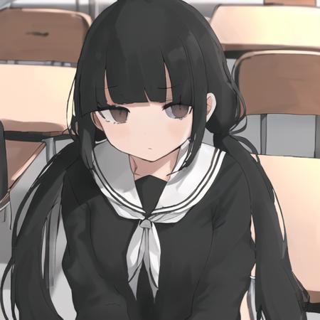 os, 1girl, blunt_bangs, black_hair, black_eyes, very_long_hair, low_twintails, looking_at_viewer, school_uniform, sitting, classroom