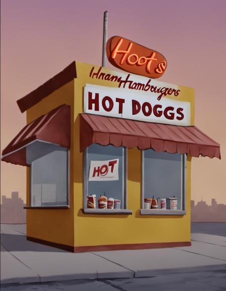 <lora:Mystery_Inc_BackgroundsXL:1> a hot dog stand with a sign on it's roof that says hot dogs hamburgers, establishing shot