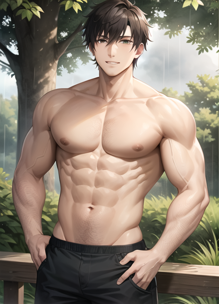 pectorals,male,forest,rain, <lora:Bara-10:0.55>