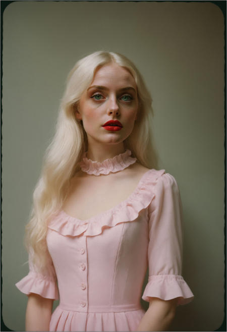 The scene is a dark academia library, bookshelf, indoors. A skinny egirlmakeup 4ng3l face woman stands alone and glowing. The scene is captured on Polaroid and Hasselblad 120mm medium format film, giving it a dreamy, nostalgic quality. The woman, who appears to be around 21 years old, is petite with long legs and porcelain skin. She is dressed in a random outfit and tall high-heel shoes. Her clothes are frilly and feminine, and her long blonde hair cascades down her back in loose waves. Her lips are painted a glossy red, and her eyes are framed by realistic dark mascara. Worried expression. Seafoam-green and pastel-pink colored smoke,  <lora:detailed_hands-000007:0.8>