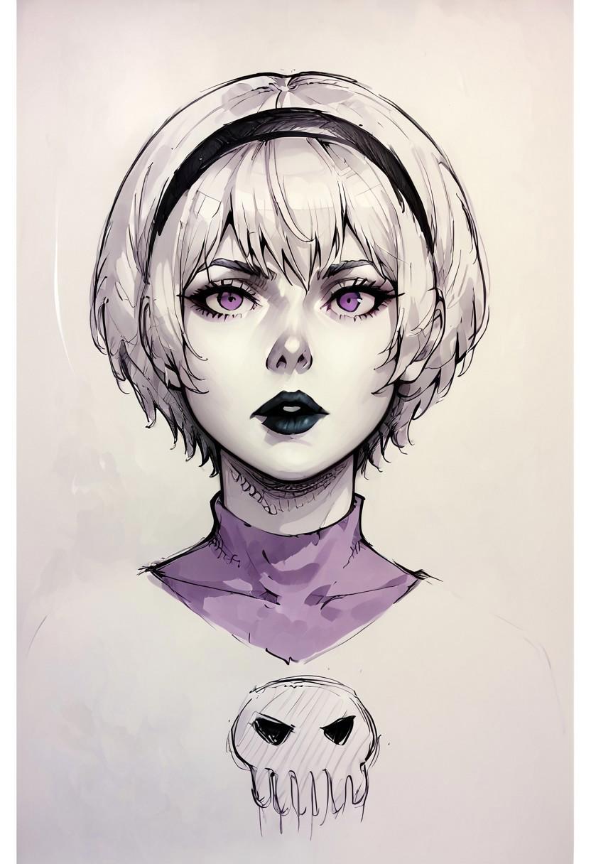 core_9, score_8_up, score_7_up, score_6_up, score_5_up, score_4_up,  1girl, white hair, black hairband, black lips, purple eyes, shirt print, <lora:Rose_Lalonde_-_outfits:0.8>, rosestart, shirt print, 1girl, solo, looking at viewer, short hair, monochrome, upper body, hairband, artist name, sketch, lips, makeup, traditional media, lipstick, portrait, skull, face focus, detailed face, BREAK source_anime