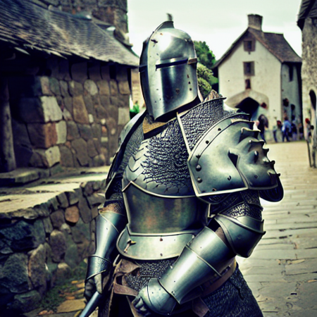 an heavyknight, standing in front  of medieval village, holding halberd,waering armor, tabar,  full-length photo, 70mm lens, symmetrical, posing, sharp, textured skin,  realistic,intricated detailed, detailed gauntlet ,(perfect fingers:1.2),  photographed by a Nikon Z7 II Camera,(high detailed armor:1.2),8k uhd,  <lora:heavyknight:0.8>