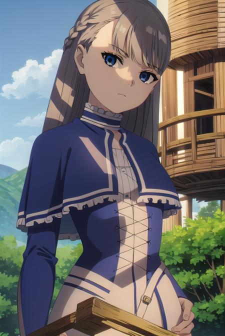 lawine, <lora:lawine-alpha-lora-nochekaiser:1>,
lawine, long hair, bangs, blue eyes, brown hair, braid, low-tied long hair,
BREAK long sleeves, dress, frills, capelet, blue dress, blue capelet,
BREAK outdoors, forest, nature, grass, sky, sun, clouds,
BREAK looking at viewer, (cowboy shot:1.5),
BREAK <lyco:GoodHands-beta2:1>, (masterpiece:1.2), best quality, high resolution, unity 8k wallpaper, (illustration:0.8), (beautiful detailed eyes:1.6), extremely detailed face, perfect lighting, extremely detailed CG, (perfect hands, perfect anatomy),