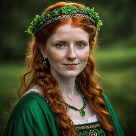 realistic, raw photo, hyper-realistic, hyper-detailed. An enchanting portrait of a beautiful 25yo redhaired woman dressed in a traditional Irish costume, complete with a flowing green dress and a Celtic knot headband. With a gentle smile and sparkling eyes, she exudes an aura of grace and elegance, embodying the timeless spirit of Irish femininity. Low-key lighting Style