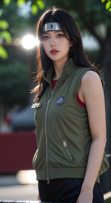 (Best Quality, Masterpiece:1.4), (Realism:1.2), (Realisitc:1.2), (Absurdres:1.2), (photorealistic:1.3), Realistic Skin,Solo,( Very Big Eyes,beautiful detailed eyes, symmetric eyes,), 1girl,solo,<lora:add_detail:0.6>,
outdoors, lens flare, depth of field, bokeh, vanishing point,
GreenJacket_KurenaiYuhi_ownwaifu,
1girl, black hair, forehead protector, long hair, konohagakure symbol, red eyes, headband, makeup, lipstick, 
ninja, sleeveless, vest, green vest, pants, sleeveless jacket, thigh pouch,
(standing, )<lora:NARUTO_Kunoichi_KurenaiYuhi_ownwaifu:0.9>,
 insaneres, absurdres,