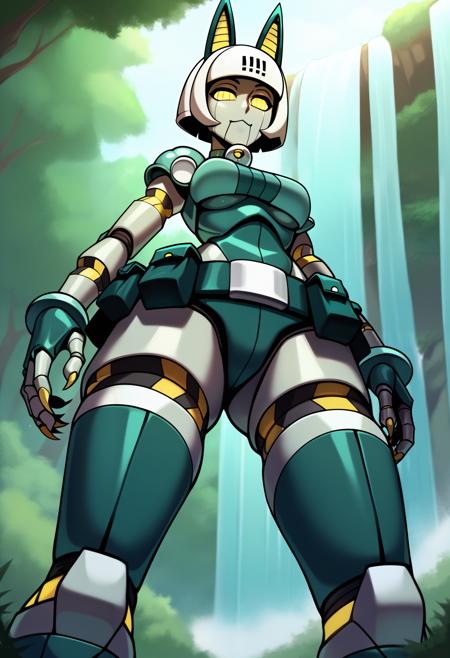 robo-fortune miss-fortune score_9, miss-fortune, 1girl, solo, yellow eyes, crop top, underboob, cat ears, scar, bell, short hair, dark skin, white hair, dark-skinned female, bob cut, shorts, fang, gloves score_9, robo-fortune, 1girl, solo, blue eyes, no humans, robot joints, humanoid robot, colored skin, bell, bob cut, short hair, white hair, cat ears, claws, belt pouch