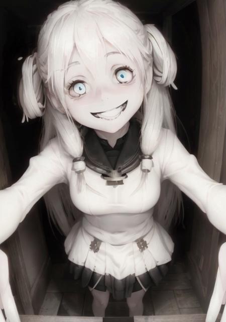 anime girl with smile, detailed, realistic, beautiful, 4k,8k, white pupils, <lora:creepy:1>