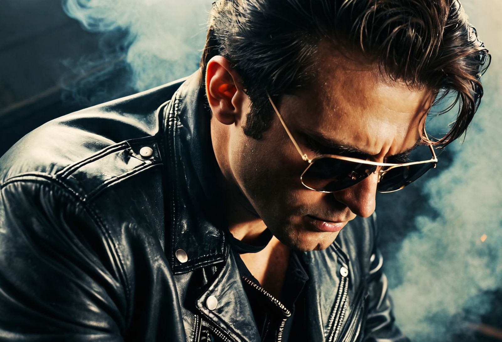 The image features a close-up of a man wearing sunglasses and a leather jacket. The man is looking down at something, poss...