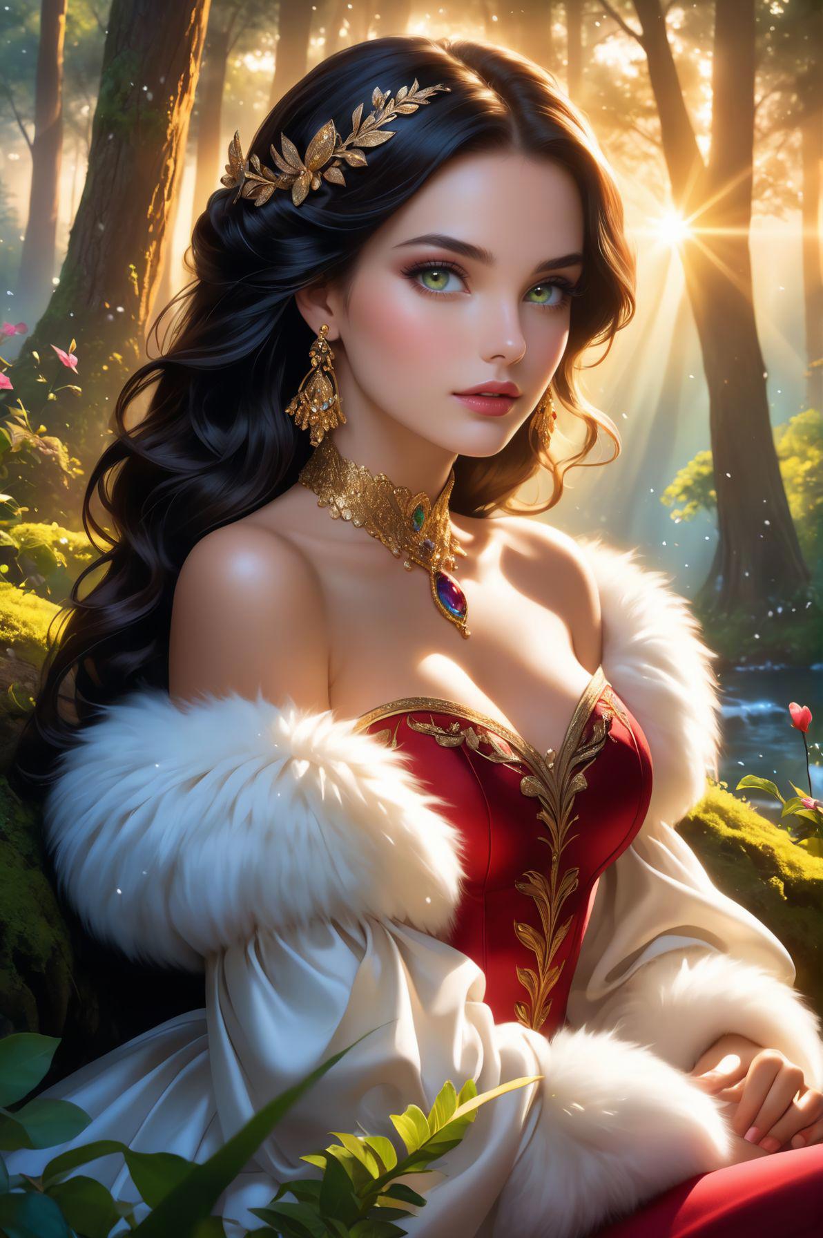 full body photograph, art by Rick Guidice, portrait, close up of a In a surreal and fantastical world, a Snow White, with shimmering white eyes and fluffy fur, sits in front of a snowy landscape. The scene is set against the backdrop of a lush green forest, beautiful elegant, epic, highly enhanced, luxury, professional fine composition, glamourous, 4k, 8k, best quality, masterpiece, ultra highres, extremely detailed, absurdres, HDR, breathtaking, award-winning, professional, highly detailed, breathtaking, award-winning, professional, highly detailed, captivating colors, unconventional masterpiece, best quality, dramatic lighting, epic cinematic, soft nature lights, rim light, absurd detail, amazing, intricate, hyper detailed, ultra realistic, soft colors, emotionalization, high-end texture, dynamic angle, dynamic posture,  tension shot, visual impact, official art, colorful, vibrant color,
golden hour, movie perspective, advertising style, fashion photography style, glowing ambiance, luminous lighting,
innocence, mysterious, surreal, film grain texture, analog photography aesthetic, visual storytelling, dynamic composition,