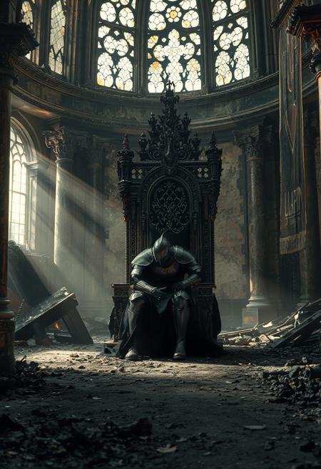 “A dark knight sits alone inside a grand, ruined throne room. The throne is ornate, black and gold, untouched and regal. The knight’s obsidian-black armor gleams like polished marble, yet he sits hunched forward, face buried in his hands, consumed by sorrow. The floor is covered in ash, remnants of destruction and regret. Broken pillars, torn banners, and scattered embers line the room. Faint light filters through cracked stained-glass windows, casting long shadows. The air is thick with dust and silence. It feels like time has stopped. Cinematic 4K, ultra-detailed, dark fantasy, melancholic, gothic architecture, chiaroscuro lighting.”