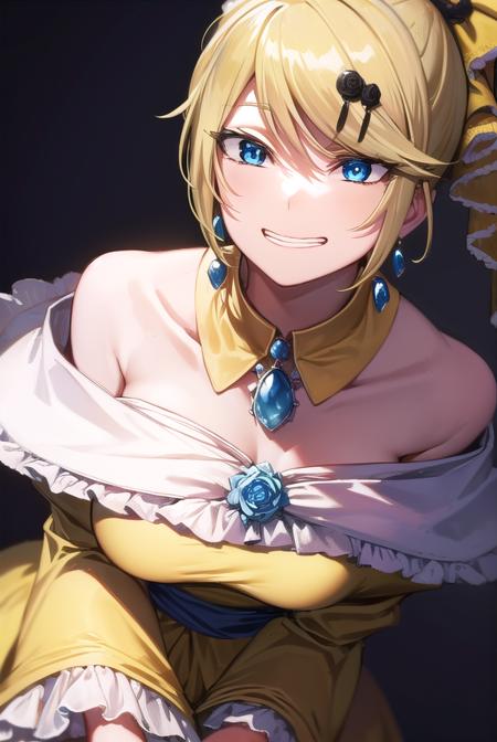 riliane, blonde hair, blue eyes, ponytail, short hair, parted bangs, bow, bracelet, dangle earrings, detached collar, dress, (yellow dress:1.5), dress bow, earrings, flower, flower brooch, frilled dress, frills, gown, hair bow, hair ornament, hairclip, jewelry, long sleeves, necklace, off shoulder, off-shoulder dress, pendant, sash, wide sleeves,