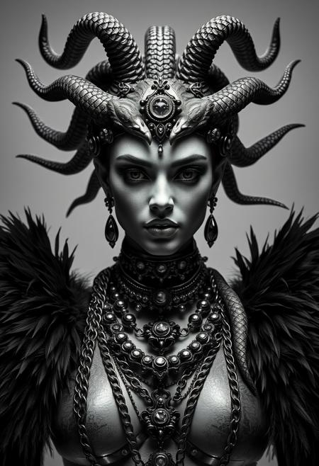 Close Up shot, front view of Medusa, lust look, erotic, hot, beautiful, snakes, jewels, chains necklaces, feathers pauldron, fur cape, hyper realistic, ultra detailed black and white Photography studio style