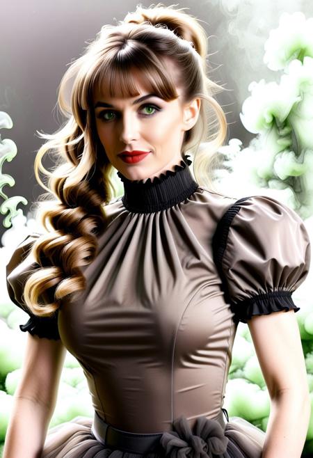 Straw thread, (close up:1.8), Stable_Yogis_PDXL_Positives, (Victorian blouse:2.3), Realism_Quality_2xx_By_Stable_Yogi, (anatomically correct:1.7), photo, photo_realistic, 1girl, mature_woman, European, 27 years old, parted_lips, choker, seductive smile, sultry, serious stare, stern look, close-up, eye shadow, makeup, milf, mature female, pureerosface_v1, Expressiveh, intricate_details_xl, natural skin, realistic, hands out of view, red lipstick, makeup, Influencers Deluxe_Lara_Lang, long ponytail, streaked hair, Orange hair, black streaks in her hair, long side bangs, black highlights in bangs, thick lips, mega ponytail, big hair, tall, natural blue eyes, high neck closure, fitness body, toned muscles, high cheekbones, solo, fully dressed, high turtle neck, outdoors, (hands hidden:1.7), short sleeves, closed dress, high neck closure, fully dressed, long dress, gentle smile, closed mouth, short puffy sleeves, laboratory, big fluffy hair in all directions. (green smoke:2), clothes made of straw.