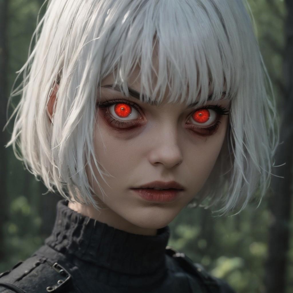 1 girl, russian girl, white hair, short hair, bangs, straight hair, red eyes, she is evil, scary forrest