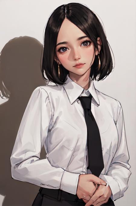 (sidelighting, finely detailed beautiful eyes: 1.2), portrait, realistic, 3d face, lustrous skin, (masterpiece, best quality, beautiful quality, looking at viewer, detailed lighting, shadows, 8k:1.4), (a picture of a woman, white shirt, necktie, parted hair, black eyes, 1girl, pants:1.4), <lora:Ayano Omoto:0.8>, Ayano Omoto,