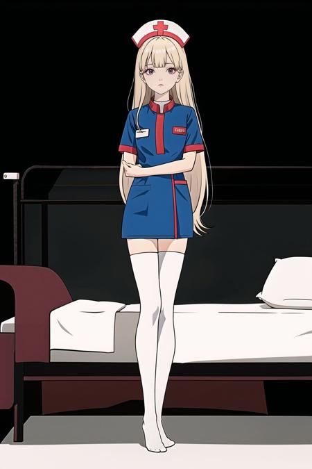 long_hair,red_eyes,blonde_hair,staring,((slim legs)),(white_thighhighs),(no shoes),sleeves,flat_chest,nurse cap,((nurse)),flat color,petite,solo,staring,full body,on bed,staring,nurse,,