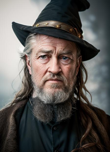 timeless style,  masterpiece, best quality, 8k, artstation, sharp focus, ultrarealistic, high details, raw photo portrait of dl1, man, masculine, (wearing harry potter lord of the rings wizard robes and pointy hat) with (long messy hair and long unkempt beard), perfect face, perfect eyes, volumetric lighting, depth of field, cinematic lighting, 
 <lora:DavidLynch-10:0.8>