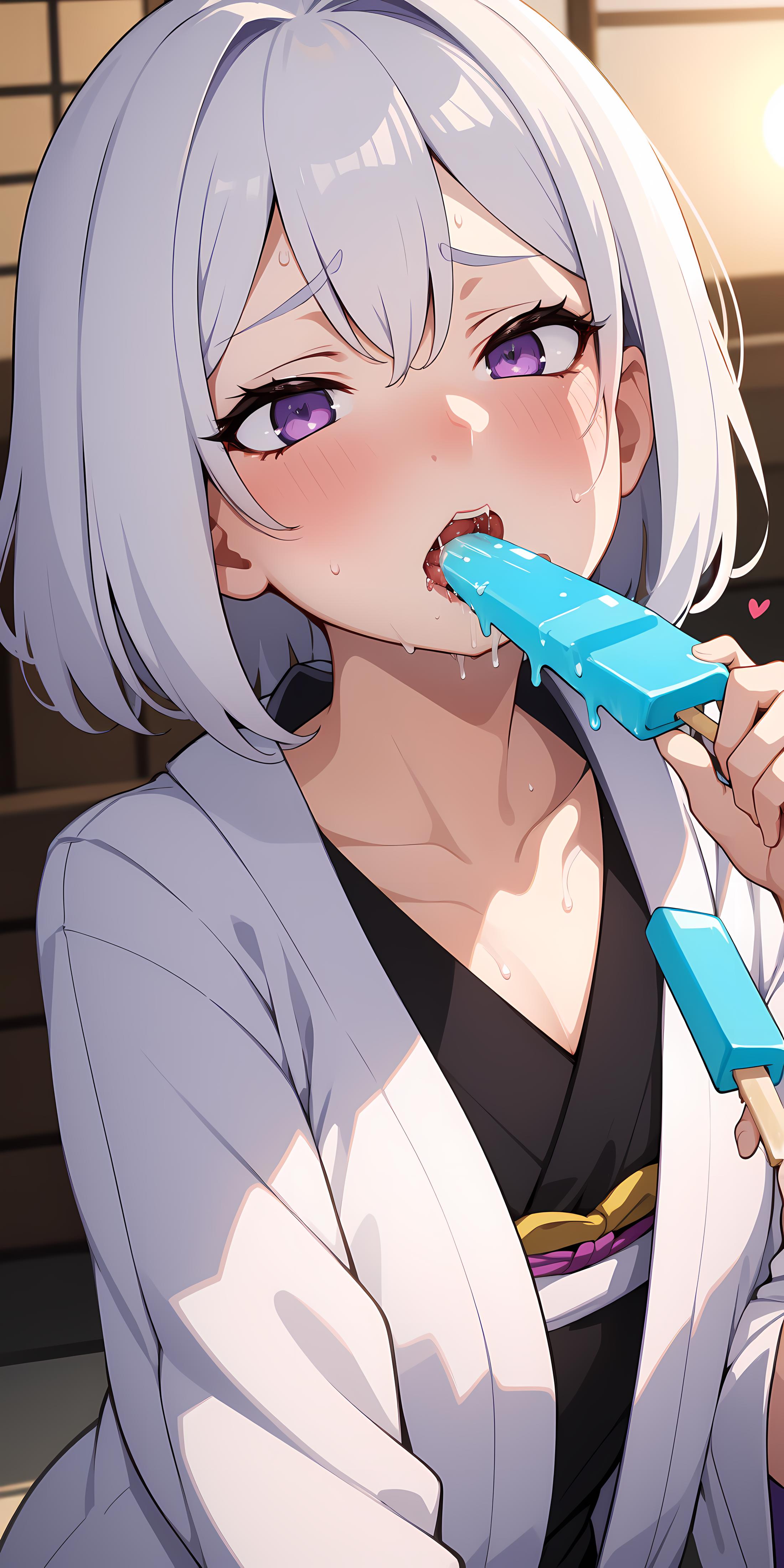 A woman in a white shirt is licking a blue popsicle.
