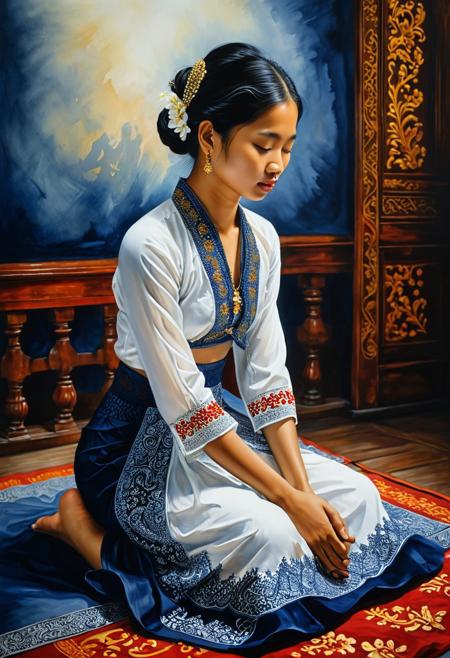 The watercolor painting presents a captivating depiction of a young Thai woman in a moment of worship, as she sits and bows with reverence. Clad in a white shirt and a dark blue skirt adorned with intricate patterns, her attire reflects the cultural traditions of her heritage.
The background of the painting is a deep, gradually darkening red that seamlessly transitions into a velvety black, creating a sense of depth and contrast that draws the viewer's attention to the central figure. The overall composition exudes an uncanny, otherworldly atmosphere, eliciting a sense of mystery and introspection.
The choice of colors, the somber bowing posture, and the enigmatic ambiance of the painting all contribute to an evocative portrayal of devotion, spirituality, and the human quest for meaning and connection.