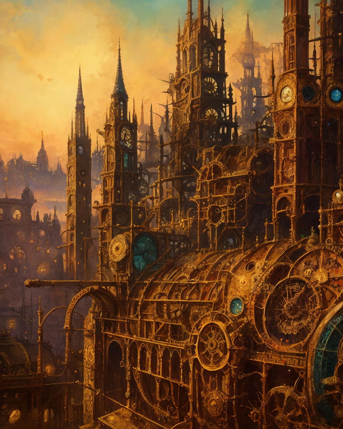 A fantastical cityscape with ancient clock towers and a large mechanical structure.