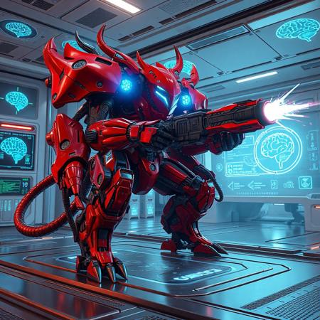 "Dynamic 3D render of Dingirsu, the Orcust of the Evening Star, a towering crimson-red mechanoid with glowing azure circuitry accents, standing in a combat stance on a sterile Brain Research Lab platform. Its hydraulic limbs are splayed aggressively, wielding a futuristic plasma cannon aimed rightward, energy coils charging with neon-blue sparks. The lab features holographic brain scans, floating data screens, and sterile titanium walls etched with biotech glyphs. Dramatic Dutch angle shot with Unreal Engine 5 realism, Octane Render textures, and Raphael-style chiaroscuro lighting. Metallic surfaces reflect holographic UI projections, while splash ink effects blend with digital glitches for cyberpunk contrast. 8K resolution, hyper-detailed armor plating, ArtStation trending, golden ratio composition, dominated by crimson and cobalt with chromatic aberration accents."