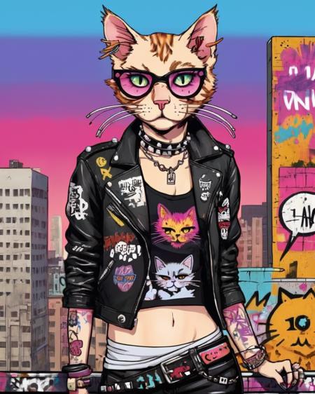 A sassy cat with a safety pin earring and a studded leather choker, lounges on a graffiti-covered rooftop, exuding a carefree punk attitude with a touch of feline nonchalance:1.5, sassy cat:1.2, safety pin earring:1.2, studded leather choker:1.1, graffiti-covered rooftop:1.1, carefree punk attitude:1.1, feline nonchalance:1.1. , anipunks<lora:anipunks_sdxl:1.0>