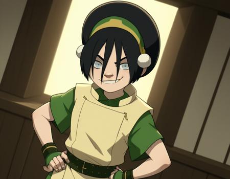 <lora:toph-beifong-book2book3-ponyxl-lora-nochekaiser:1>, toph beifong, black hair, hairband, blind, grey eyes, hair between eyes, short hair, shirt, green shirt, vest, belt, short sleeves, shirt, sleeveless, red shirt, collarbone, bare shoulders, red pants, clothes around waist, golden hairband, headphones,