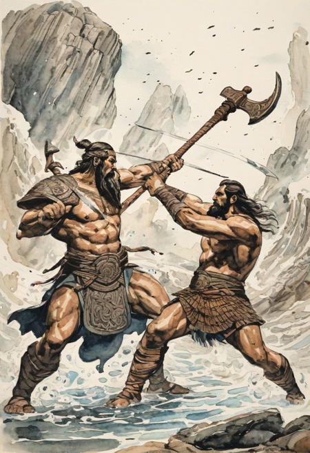 a illustration,ancient times,two giant fighting one giant,mucular,among them,two swinging huge axe,the left one swings a sword,ink painting,water color,sketch,bold lines,monocolor,astonished details,the third rule of composition