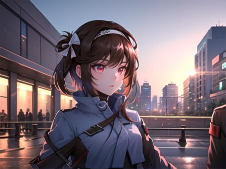 ((masterpiece,best quality)),1girl, solo,solo focus,upper body, ultra-detailed ,( beautiful woman ),(idol), extremely detailed CG unity 8k wallpaper,red eyes, brown hair , black thighhighs,outdoors,blue sky,cityscape, street, building,