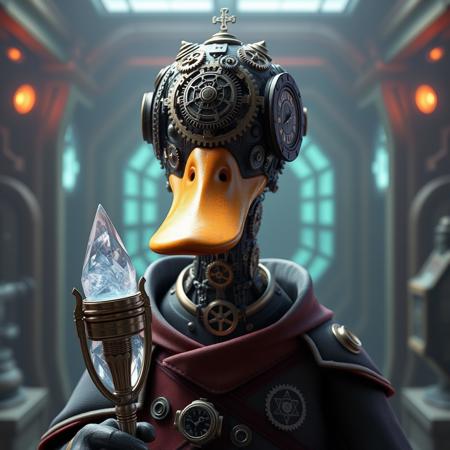 Clockwork construct of duck with face made up of intricate clockwork gears of intricate ever-changing geometric patterns, wearing arcane robes with time-related symbols, holding a crystalline time-warping staff, realistic render, Dungeons and Dragons, Fantasy, octane render, zbrush. Character design, photorealistic, unreal engine, hyper-detailed, concept art, trending on art station. ((best quality)), ((masterpiece)), ((realistic)), (detailed), close up portrait, steampunk duck, holding a crystalline time-warping staff, looking at the viewer, Fantasy art, stunning gradient colors, no watermark signature, closed mouth, detailed background, high fantasy secret cloning lab, cloning vat chamber, dark and mysterious cloning vat chamber, closed mouth, insanely detailed, , ((masterpiece)), absurdres, HDR,DonMSt34mPXL