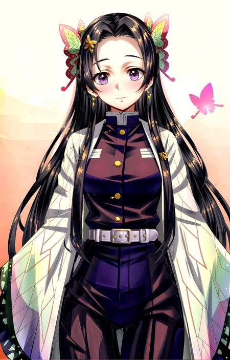 (masterpiece, top quality, best quality, official art, beautiful and aesthetic, picture-perfect:1.4), 1girl, solo,  Kanae, (looking at viewer, cowboy shot, standing:1), (black hair, black colored hair, black long hair, long hair, long flowing hair, parted bangs:1.2), (purple eyes, shining purple eyes:1.3), [smile, closed mouth:1.2], [large breasts, sexy:1], (Kanae Attire, black jacket, black pants, demon slayer uniform, haori, butterfly print, butterfly hair ornament, wide sleeves, long sleeves:1.15), <lora:more_details:.4>,  <lora:KanaeLora:.8>