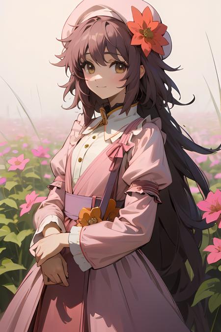 (exceptional, best aesthetic, new, newest, best quality, masterpiece, extremely detailed), 1girl, solo, hanatokobato, absurdly_long_hair, smile, looking_at_viewer, beret, flower, pink_dress, outside