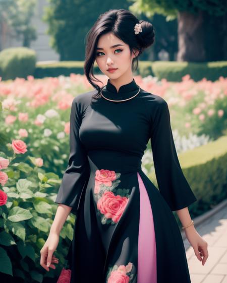 cinematic film still photogenic adult woman, beautiful,  red bun hair,  green eyes, wearing black dress, dr3ss, wearing ((floral print)) dress, (pants), <lora:AoDai-30:0.75>, high quality, best quality, highres, 8k, rim lighting, outdoors, rose garden backdrop, necklace . shallow depth of field, vignette, highly detailed, high budget, bokeh, cinemascope, moody, epic, gorgeous, film grain, grainy