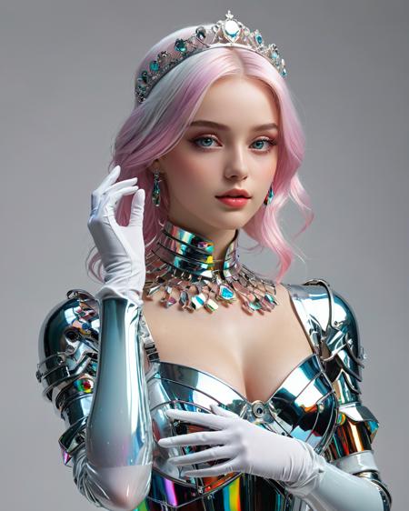 colorful prismatic refracted light, reflections, transparency, intense colors,  vivid colored hair of princess from distant past, beautiful and precise, 3dcg error and white background 2, big white eyes white gloves lift too high hand arm strap over thumb in chest, girl without pupils and robot, vivid unicolor background, (full body:1.9), <lora:add-detail-xl:1.0>  <lora:xl_more_art-full_v1:0.5>