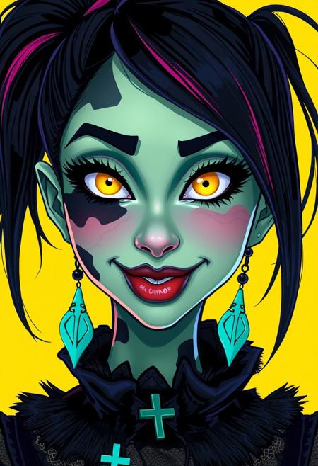 bo-neon, ArcaneFGTNR, a digital illustration in a vibrant, gothic style, it features a close-up of a young woman's face, with striking, exaggerated features, her skin is a pale, almost translucent green, with patches of black and white, resembling a patchwork fabric, her eyes are large and vivid, with a striking, glowing yellow hue, and her lips are full and slightly parted, revealing a playful, mischievous smile, she has dark, straight hair with pink highlights, styled in a high ponytail with a few loose strands framing her face, her makeup is bold and dramatic, with thick, black eyeliner and mascara accentuating her large, expressive eyes, she wears large, turquoise earrings with a cross pendant, and a black, high-collared top with a mix of fur and lace textures, the background is a solid, bright yellow, which contrasts sharply with her vivid colors, making her stand out vividly, the overall composition is dynamic, with the woman's expression and makeup drawing the viewer's attention, high quality, ultra detailed, colorful, grainy, cyberpunk fantasy<lora:ArcaneFGTNR.safetensors:1.0:1.0> <lora:Flux\boFLUX Neon Abyss.safetensors:1.0:1.0>