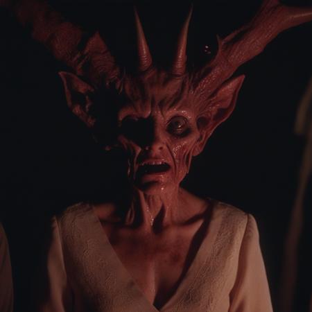 demons behind mother, symmetry, production still, dark horror, soft lighting, cinematic, red-core, 35 mm, panavision, visible film grain, highly detailed
