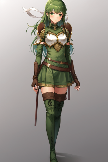 <lora:Palla-06:0.9> palla_echoes, 1girl, solo, long hair, looking at viewer, thighhighs, gloves, dress, full body, boots, elbow gloves, belt, fingerless gloves, armor, zettai ryouiki, gradient background, headband, thigh boots, shoulder armor, breastplate, green footwear, green thighhighs